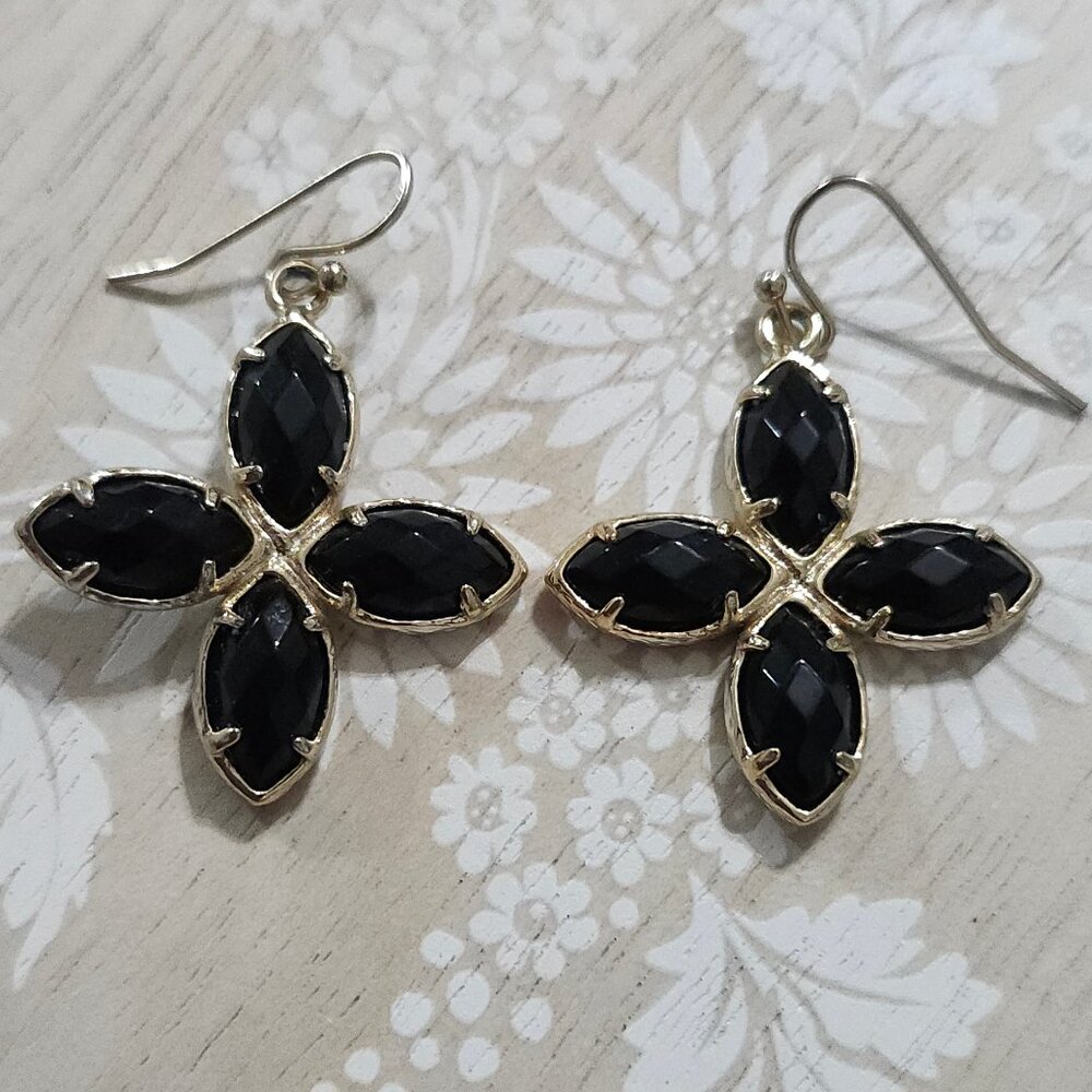 Kendra Scott Black Flower Yuri Gold Drop Earrings